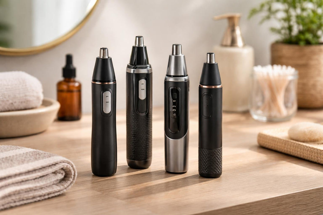assorted nose and ear trimmers on wooden surface