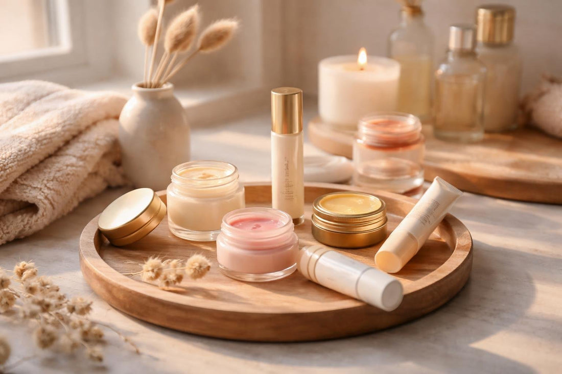 assorted nourishing lip butters and balms on wooden surface