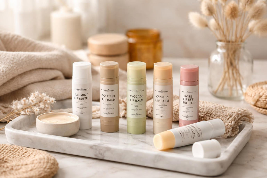 Assorted nourishing lip butter tubes for winter care