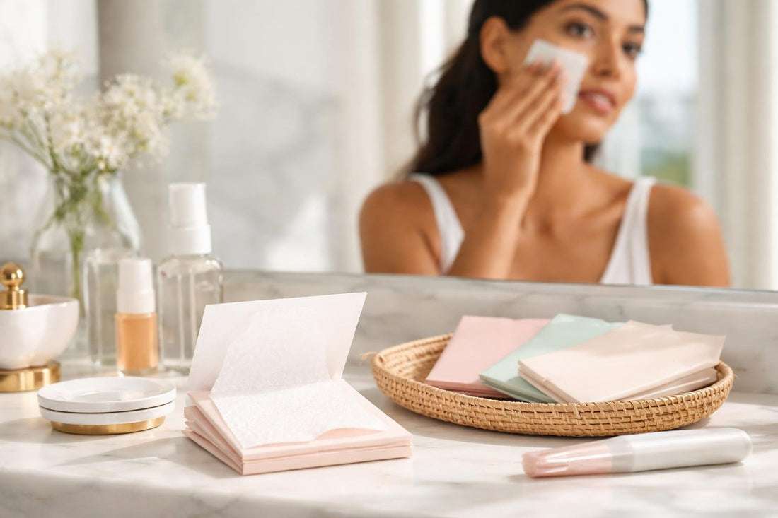woman using oil control blotting paper in Toronto