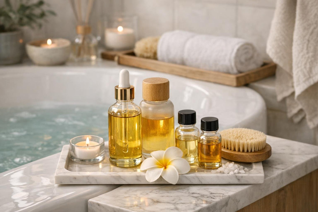 Aromatherapy bath oils beside bathtub for relaxing Ontario soak