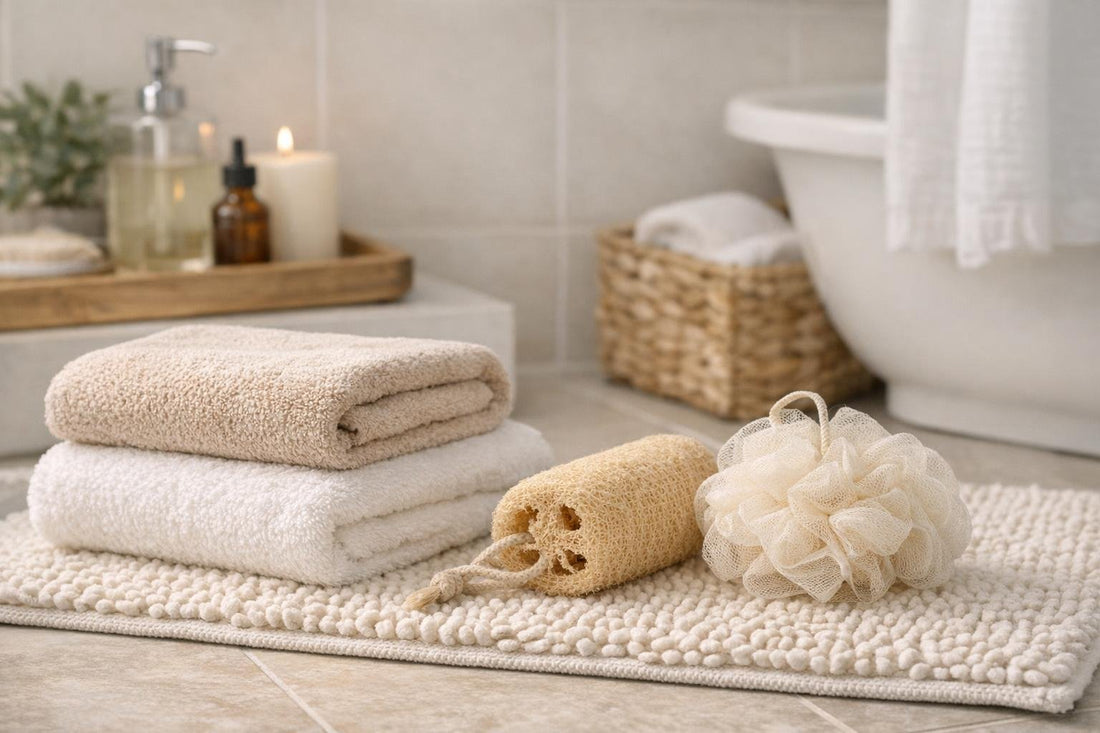 Affordable quality towels, bath mat, and loofah in bathroom