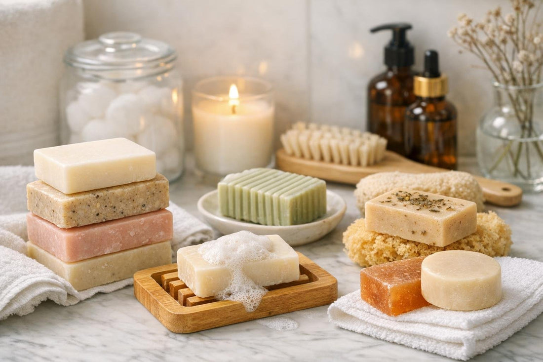 Assorted gentle bath soaps arranged for an Ontario self-care routine