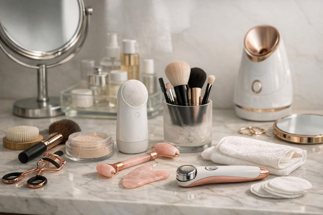 Assorted beauty tools and accessories on a bathroom counter