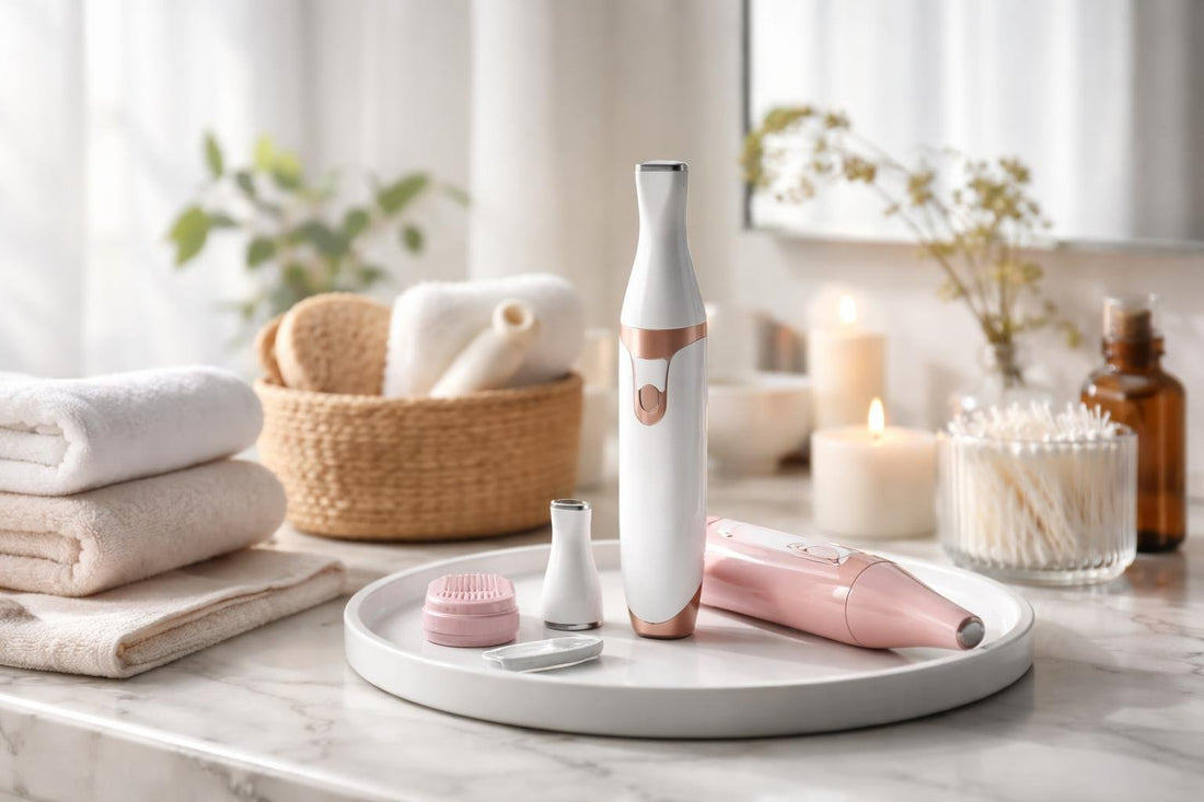 Women using bikini trimmer at home in Ontario bathroom