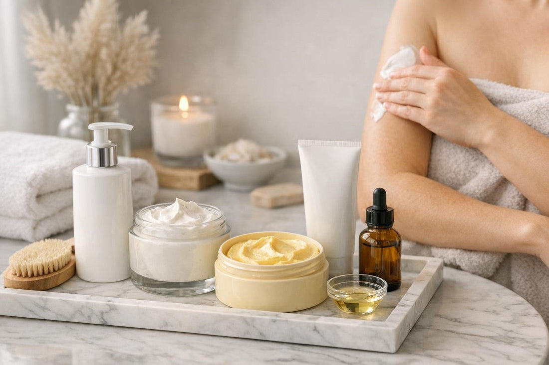 Beginner applying body moisturizer on dry winter skin