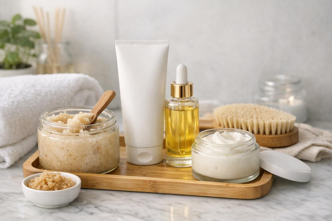 Body scrub and body lotion routine for smoother skin