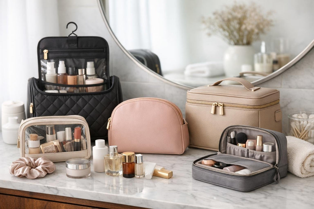 Assorted cosmetic bags organized for travel and daily use