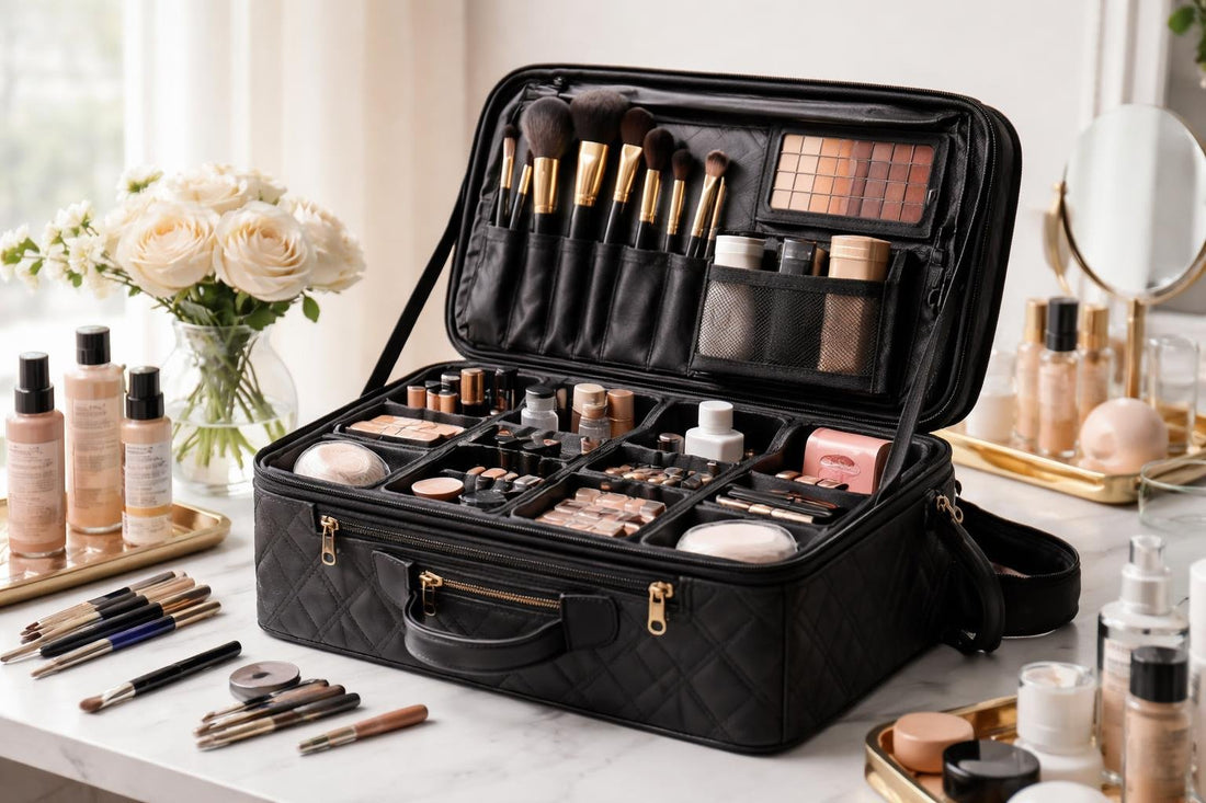 Professional cosmetic train case organized for mobile makeup kit