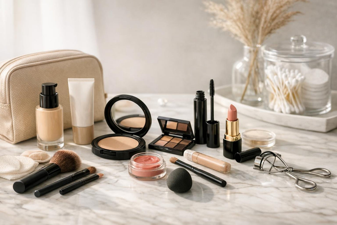Everyday face makeup essentials kit laid out for Ontario