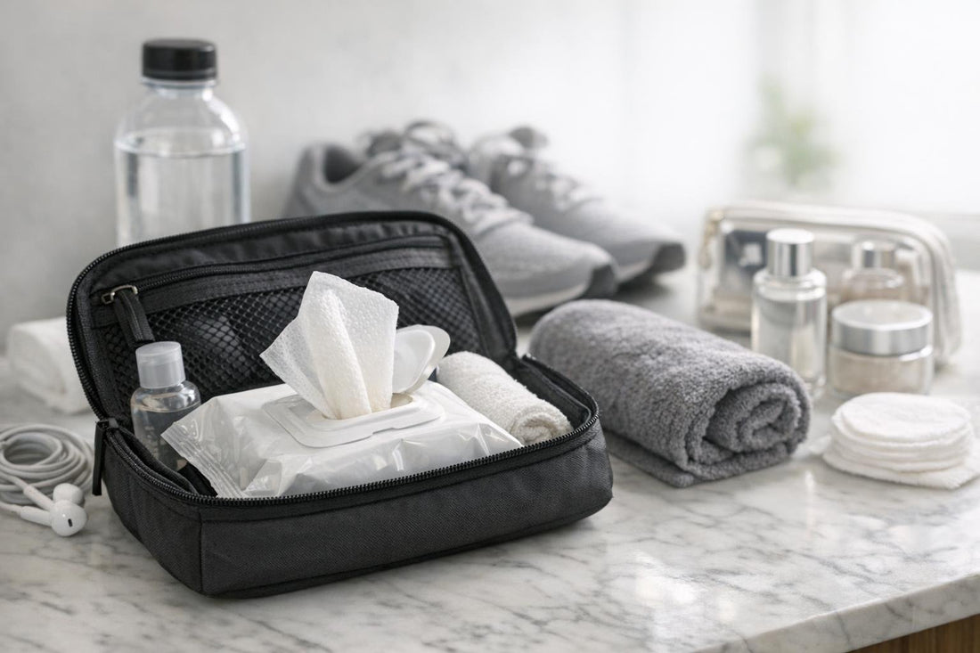 Facial cleansing towelettes in a travel pouch for gym