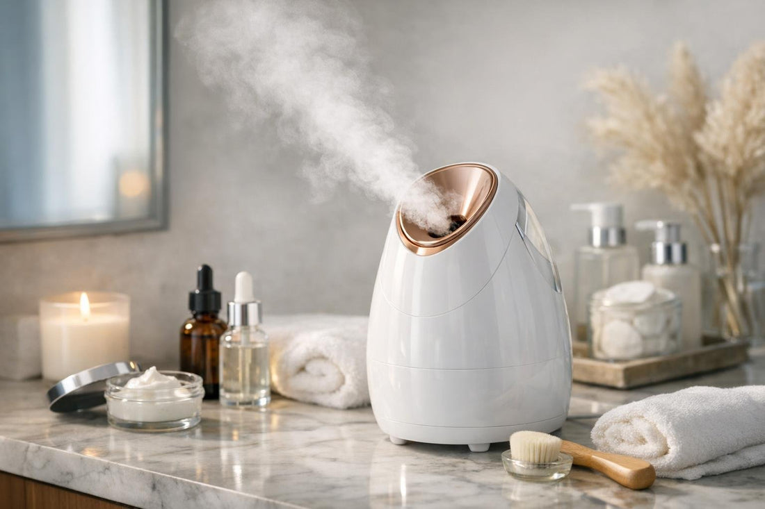 Facial steamer releasing warm mist for winter skincare
