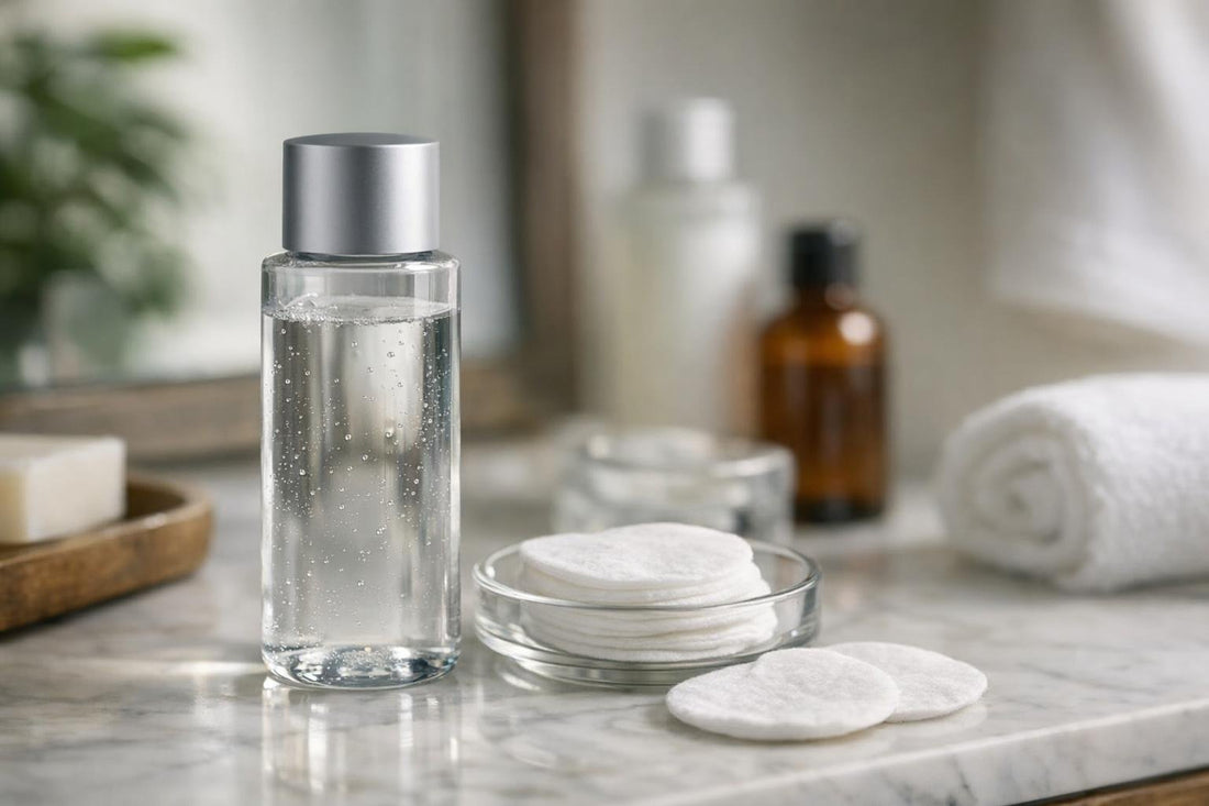 Facial toner bottle beside cotton pads for oily skin