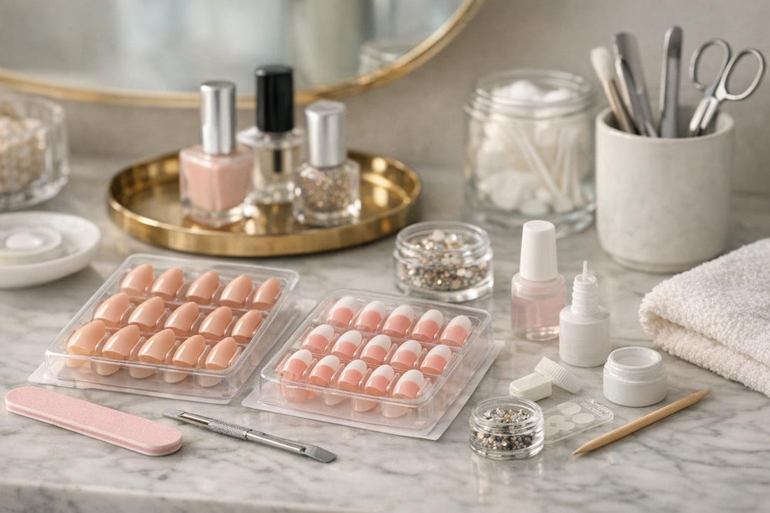 Press-on false nails and nail accessories for home manicures