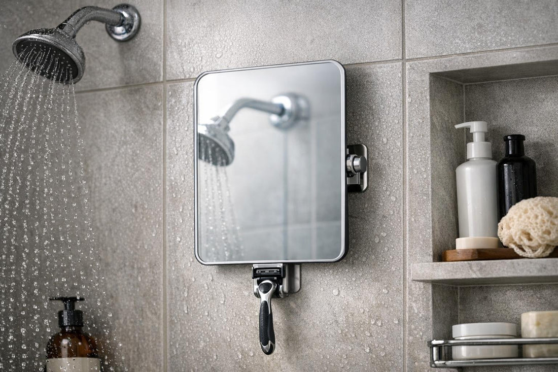 Fog resistant shower mirror mounted on tile in Ontario bathroom