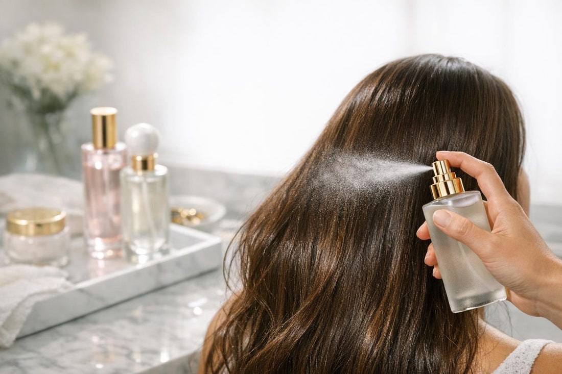 Hair fragrance mist spritzed on glossy hair in Ontario