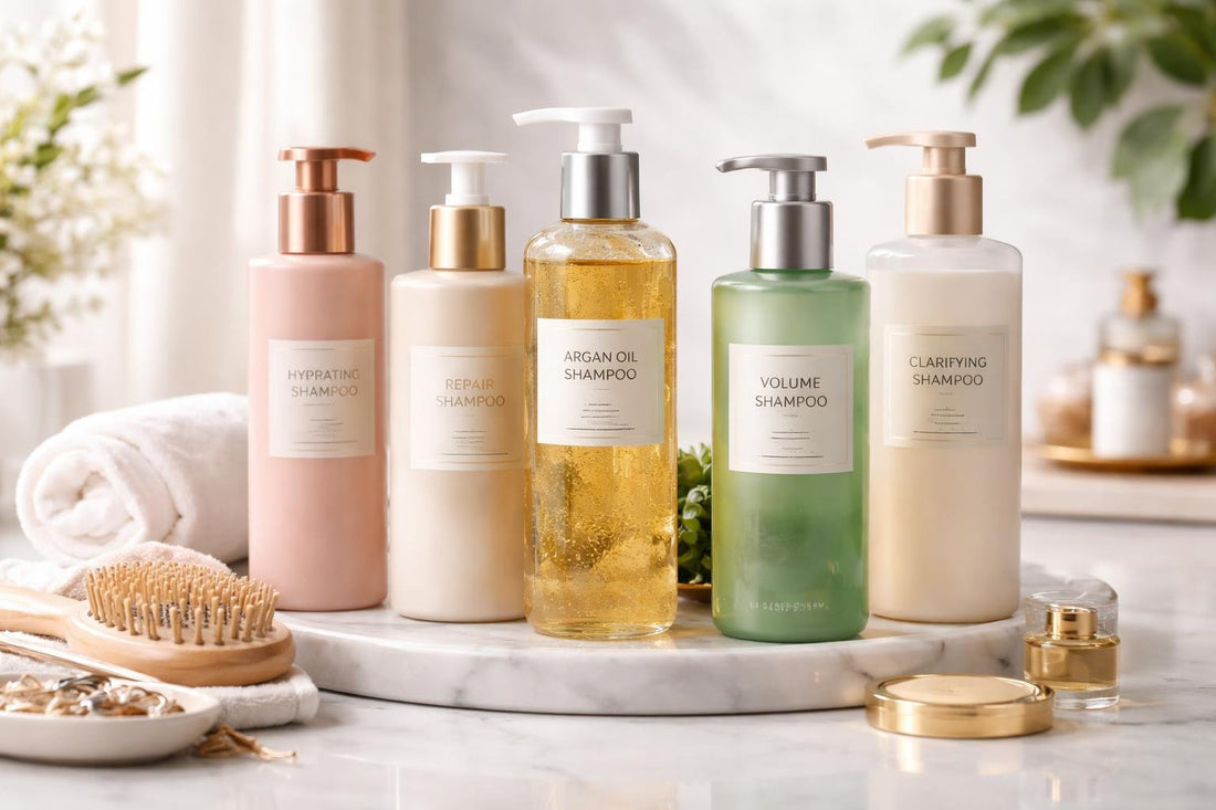 Hair shampoo collection bottles for shiny healthy hair