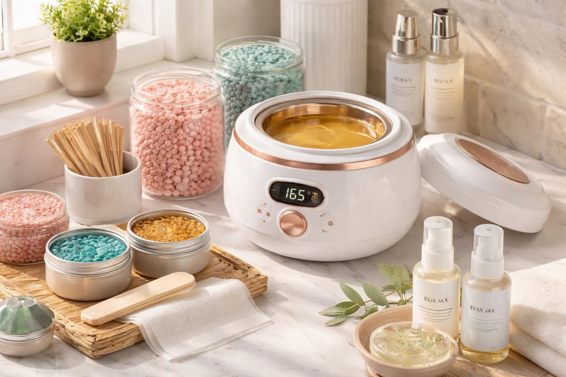 Professional hair waxing kit setup with warmer and wax beads