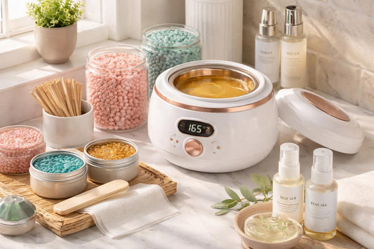 Professional hair waxing kit setup with warmer and wax beads