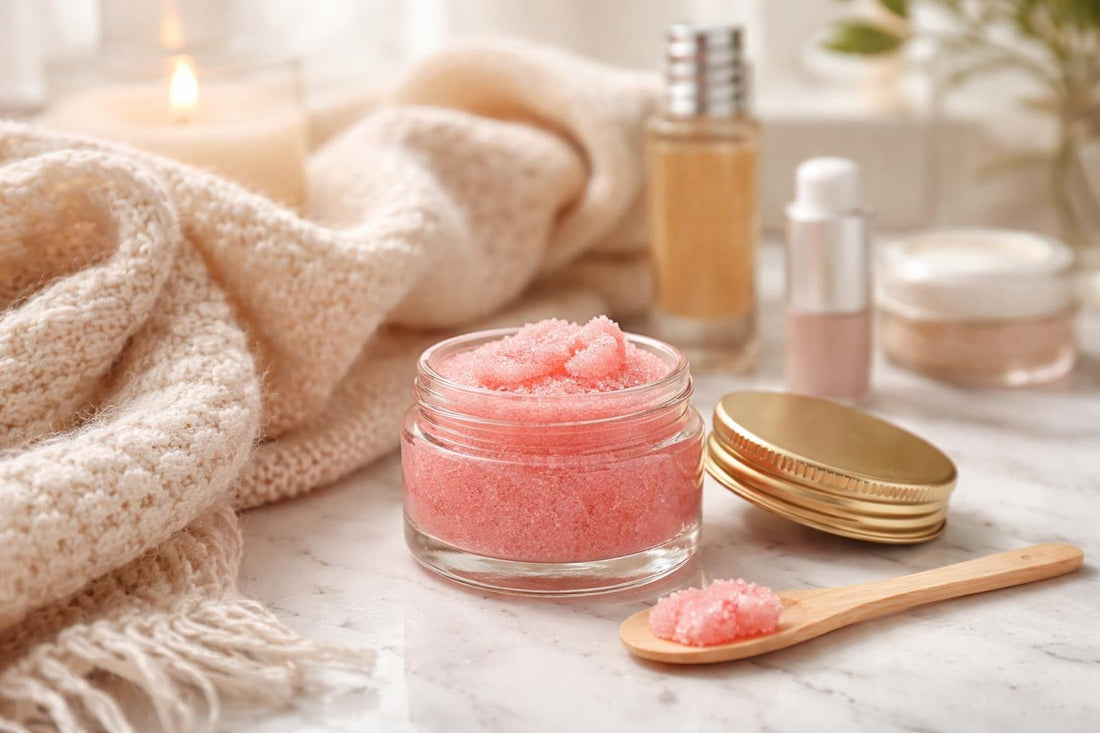 Lip scrub jar and soft winter scarf in Ontario