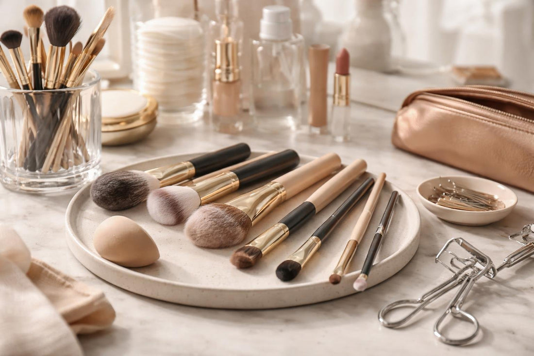 Everyday makeup brushes and tools laid out neatly