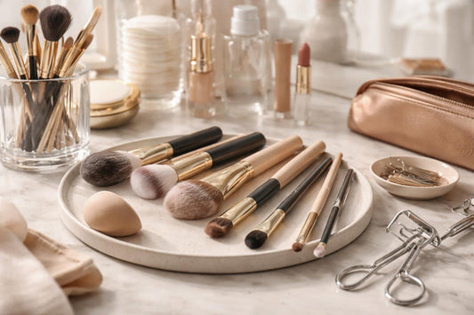 Everyday makeup brushes and tools laid out neatly