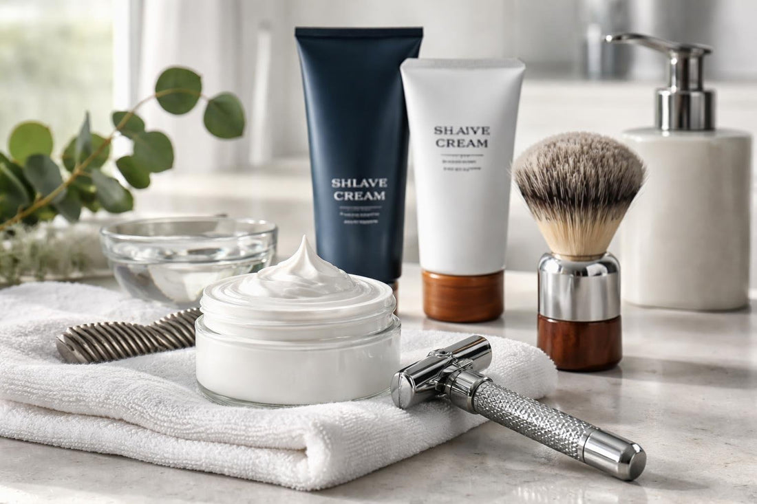 Men applying shaving cream for a smooth, bump-free shave