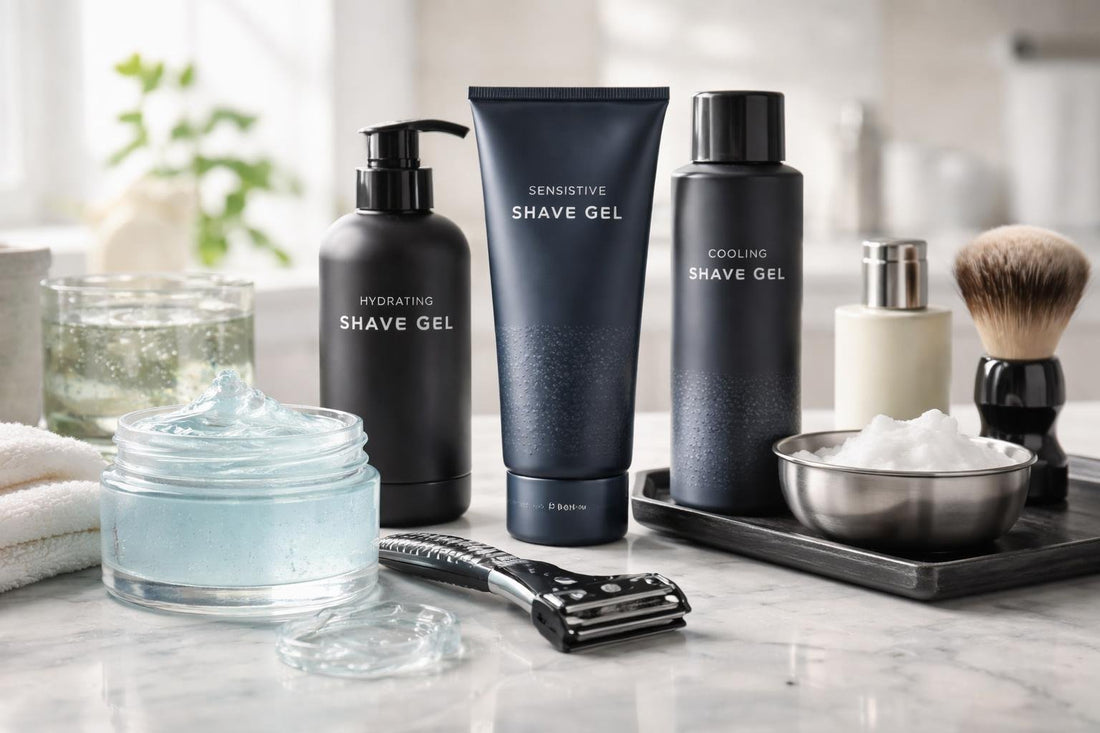 Men applying clear shaving gel for a close shave