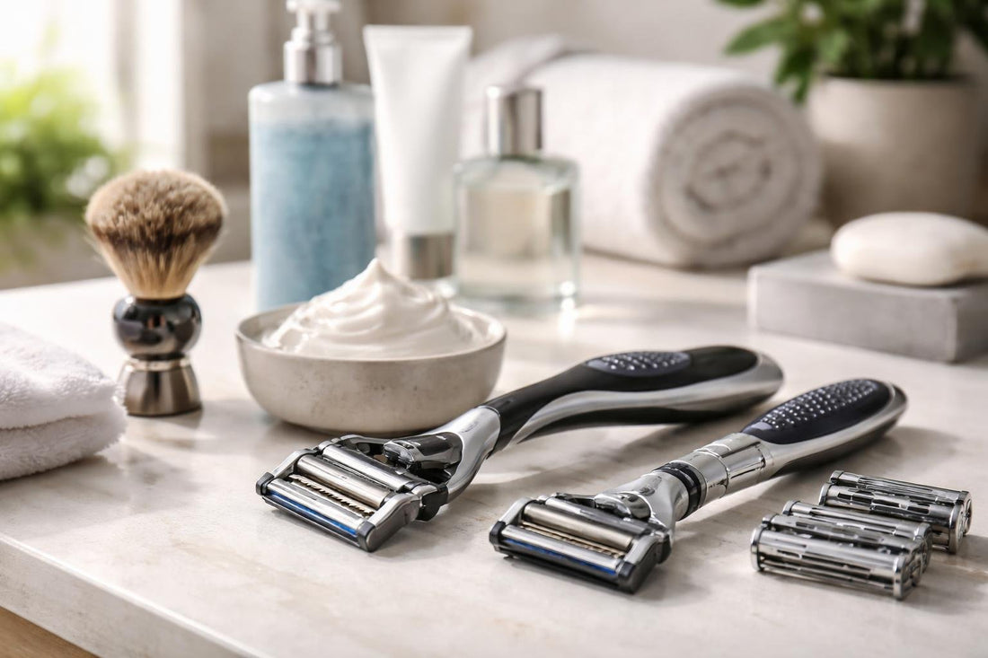 Men shaving with razor for sensitive skin in Ontario