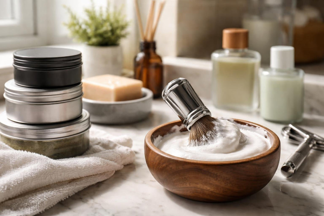 Men building rich lather with shaving soap in Ontario