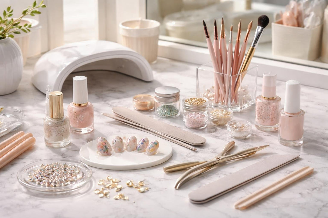 Nail art accessories laid out for salon-quality designs