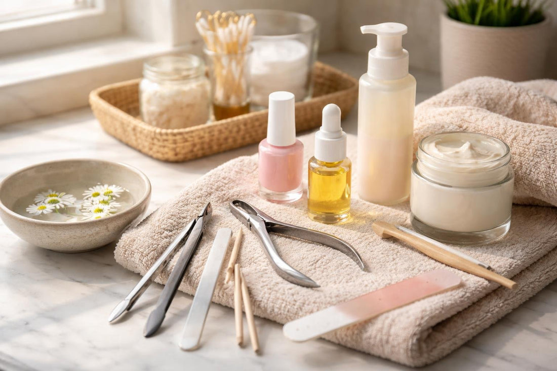At-home nail care essentials laid out on a towel