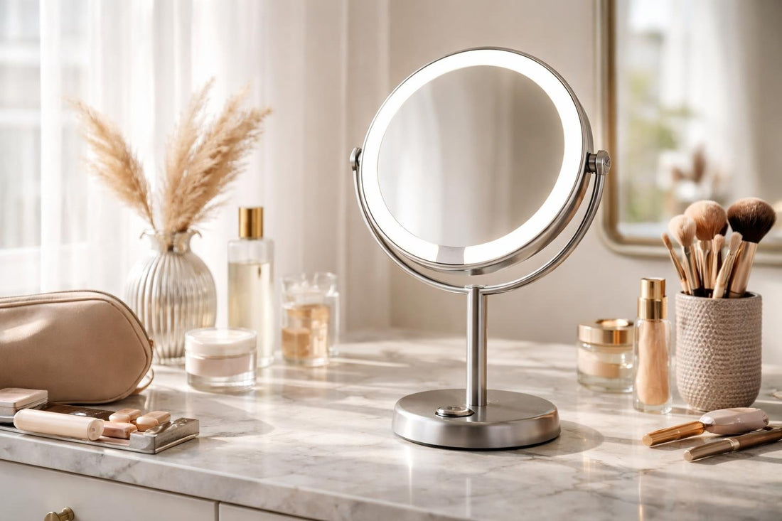 Lighted personal makeup mirror on Ontario vanity setup
