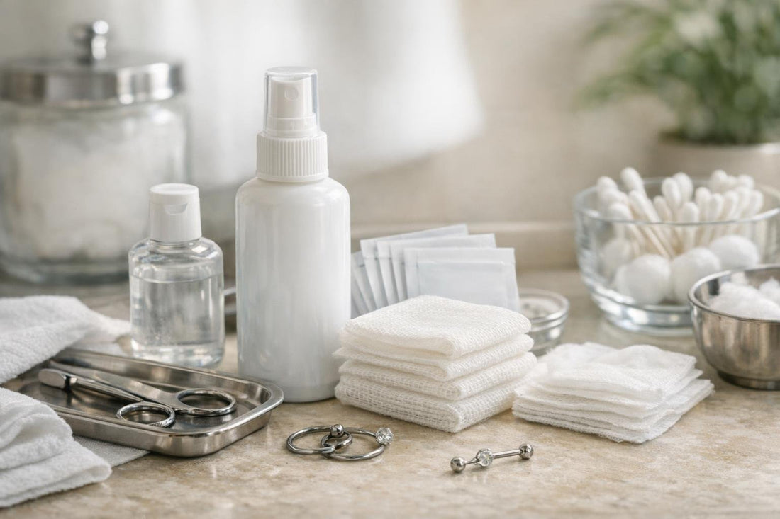 Starter kit with saline spray and gauze for piercings
