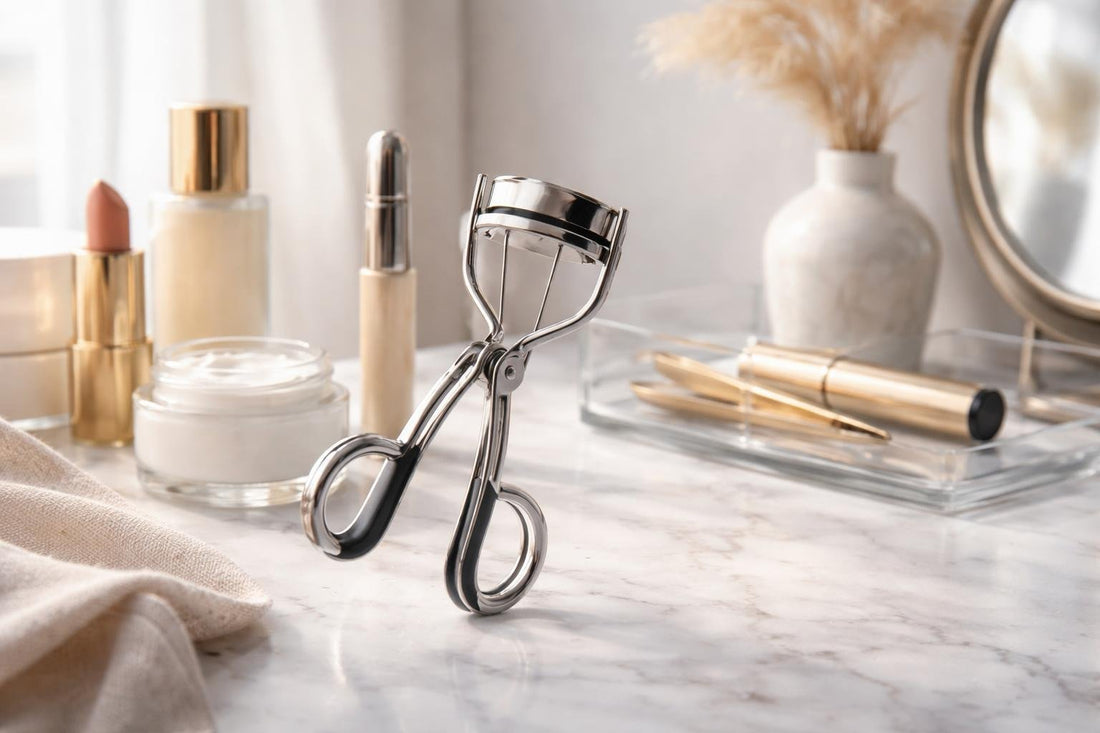 Professional eyelash curler creating a soft lifted lash curl