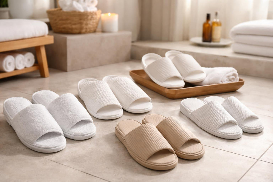 Assorted professional spa slippers on clean spa floor
