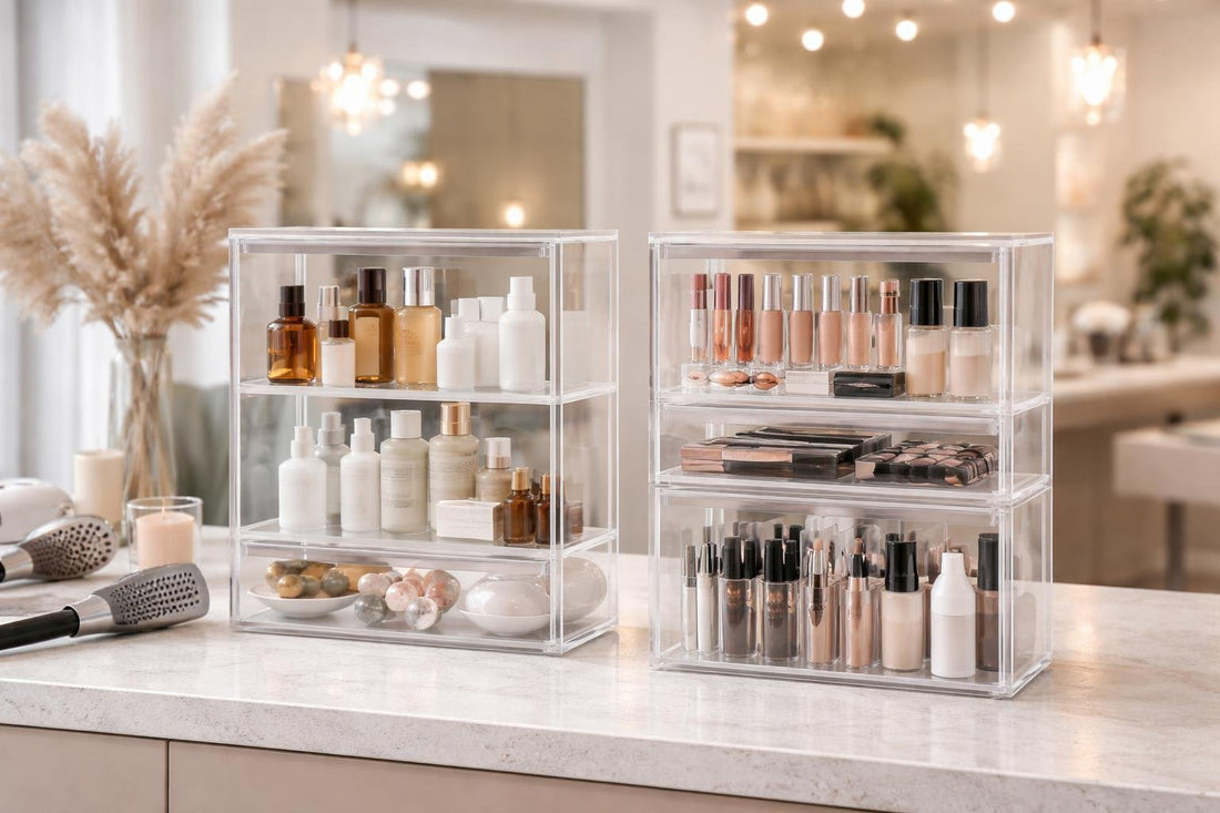 Clear acrylic cosmetic display cases on salon reception counter