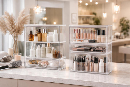 Clear acrylic cosmetic display cases on salon reception counter