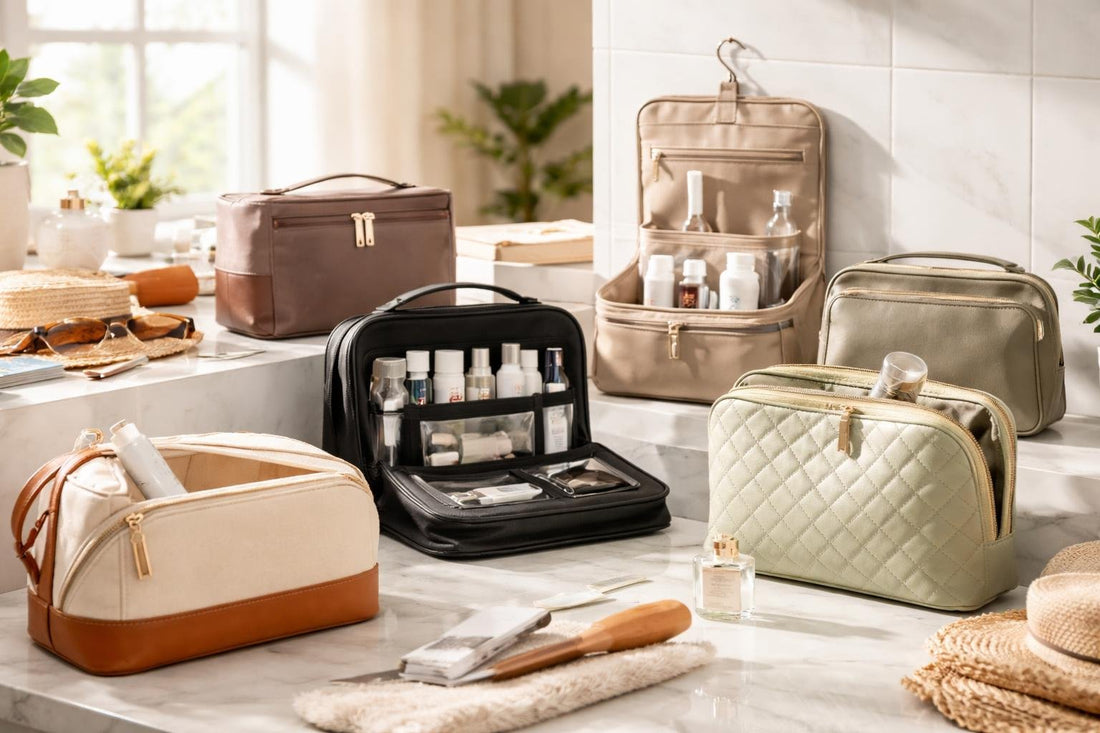 Assorted travel toiletry bags organized for Ontario trips