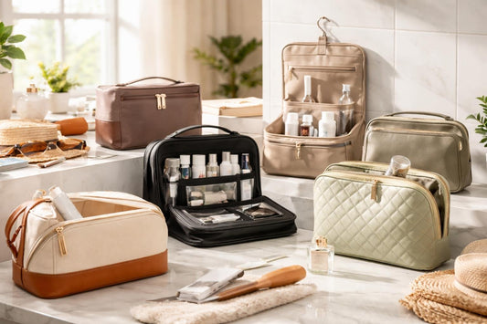 Assorted travel toiletry bags organized for Ontario trips