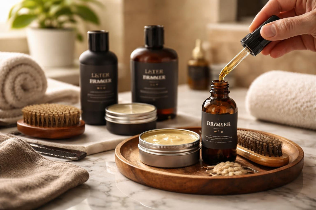 Men applying beard oil to reduce winter itchiness