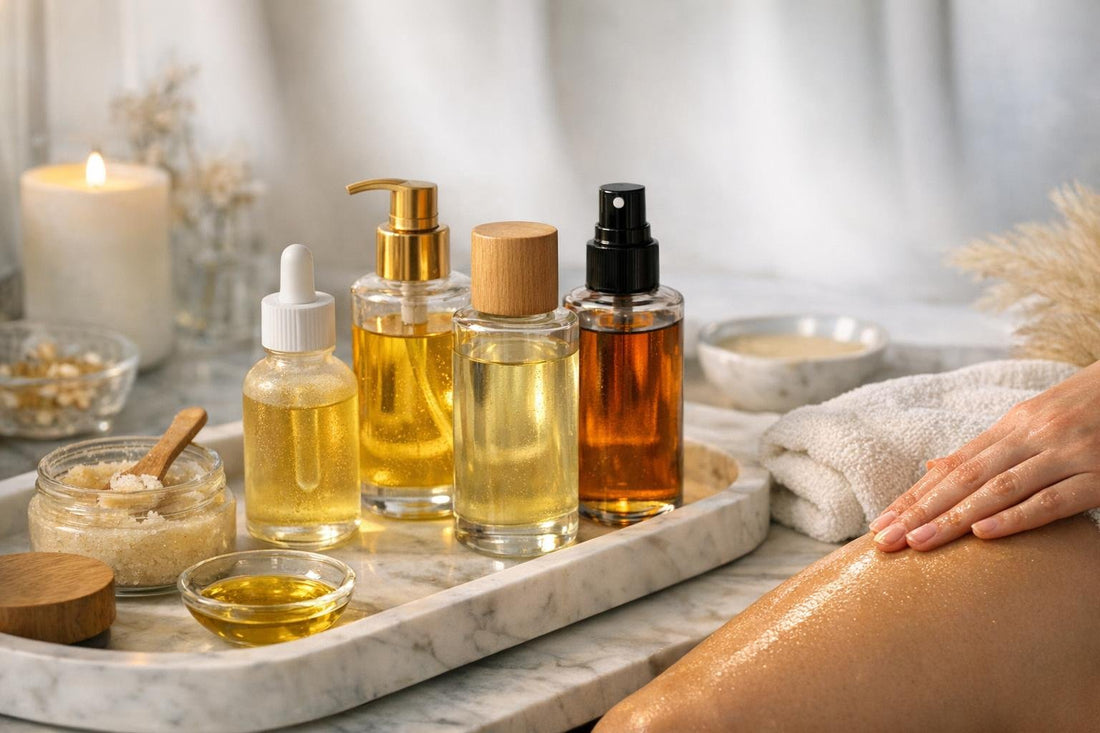 Body oils applied to dry winter skin in Ontario