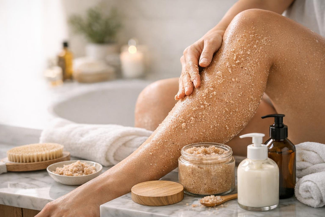 Exfoliating body scrub used on dry winter legs