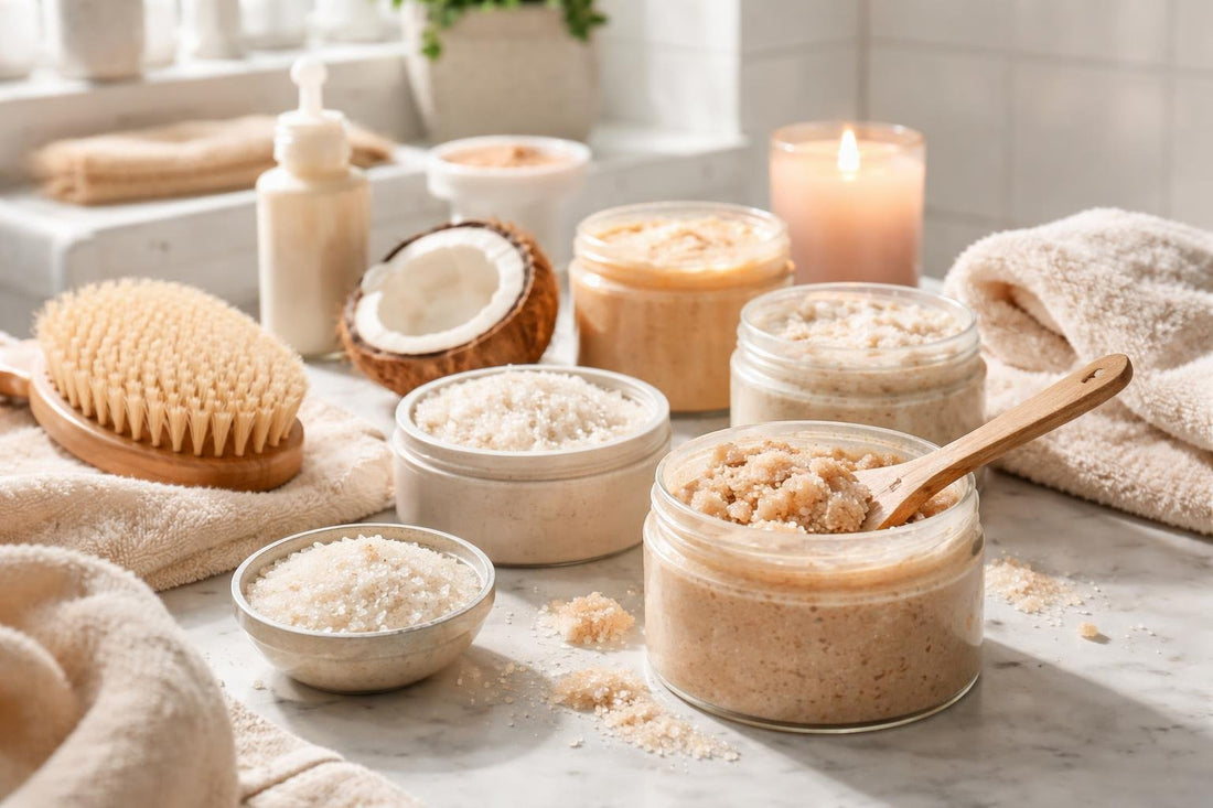 Exfoliating body scrub used on legs during Ontario winter