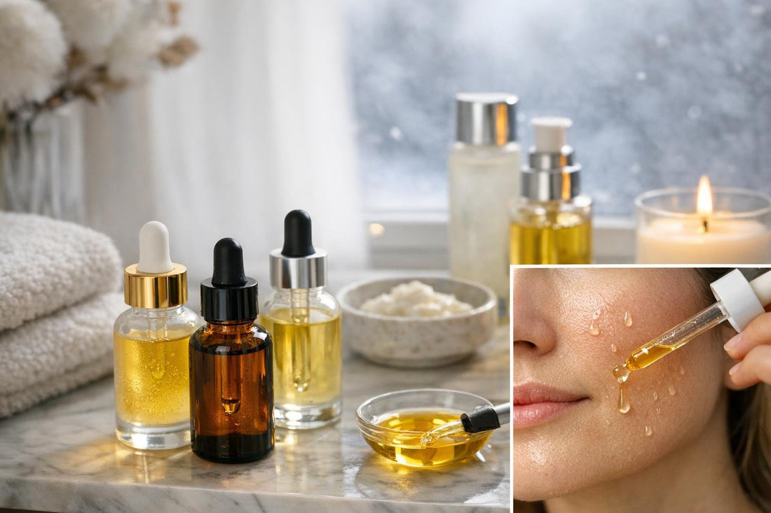 Facial oil drops on winter-dry sensitive facial skin