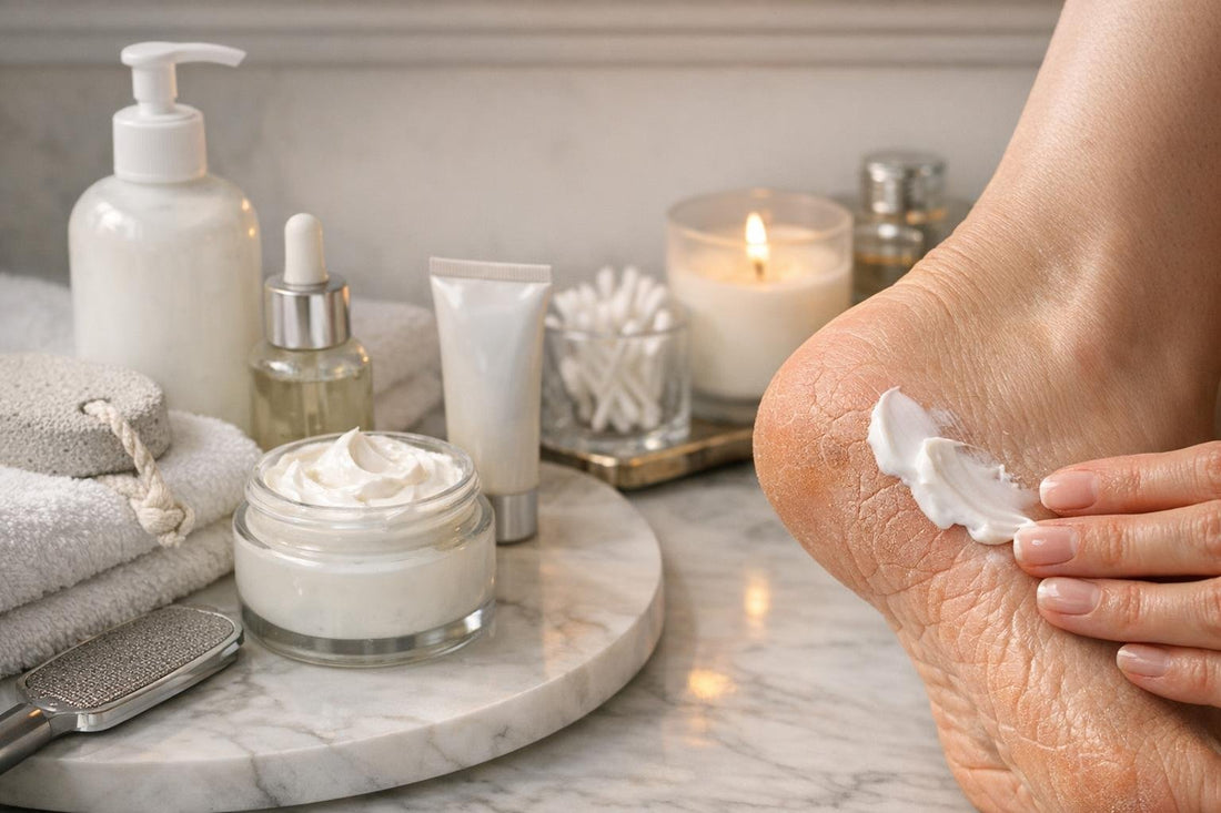 Foot cream applied to dry heels during Ontario winter