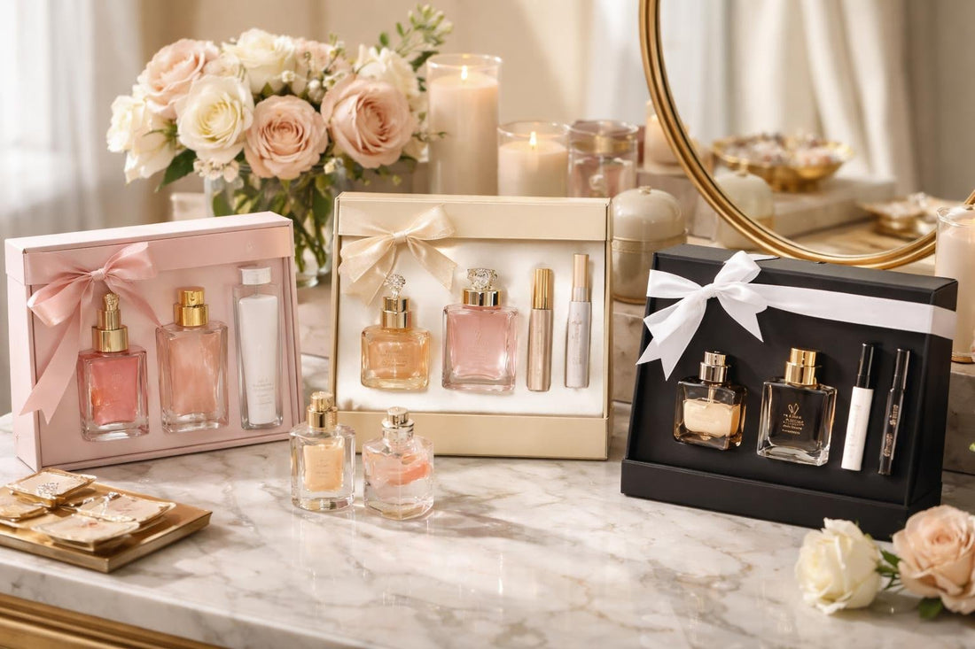 Gift-ready women’s fragrance set collection on a vanity