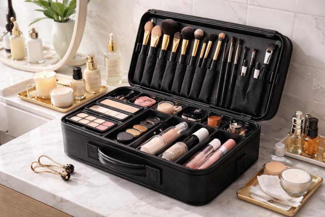 Organized professional cosmetic train case with brushes and palettes
