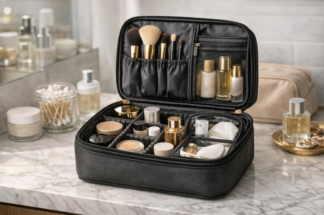 Organized cosmetic travel case with compartments and brush holders