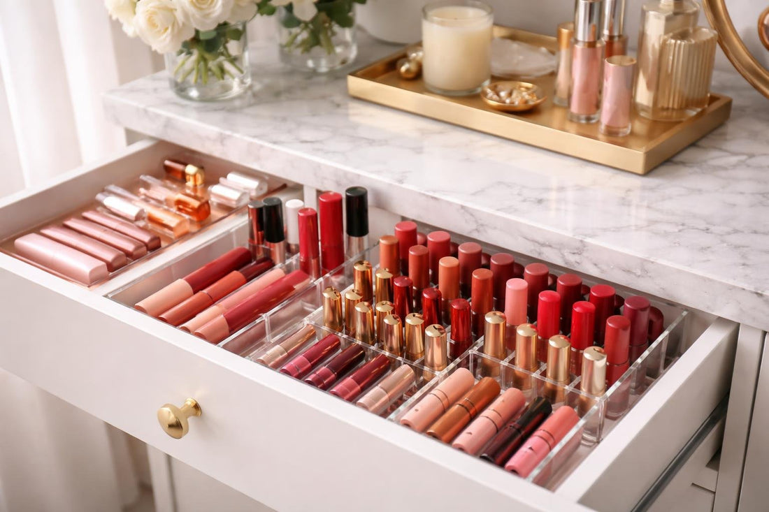 Organized lipstick collection in drawer with shade sections